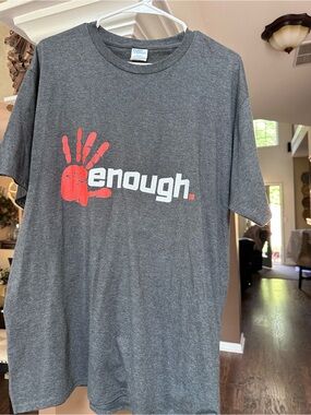 Port and Company Gray Short Sleeve Tee with Red Handprint "enough." Graphic